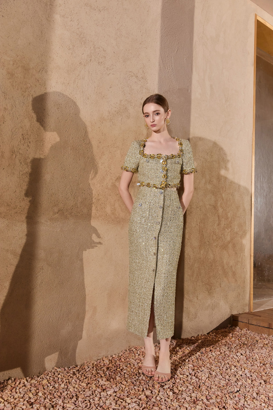 Wardrobes by chen Tweed handmade bead embroidered short top + skirt set