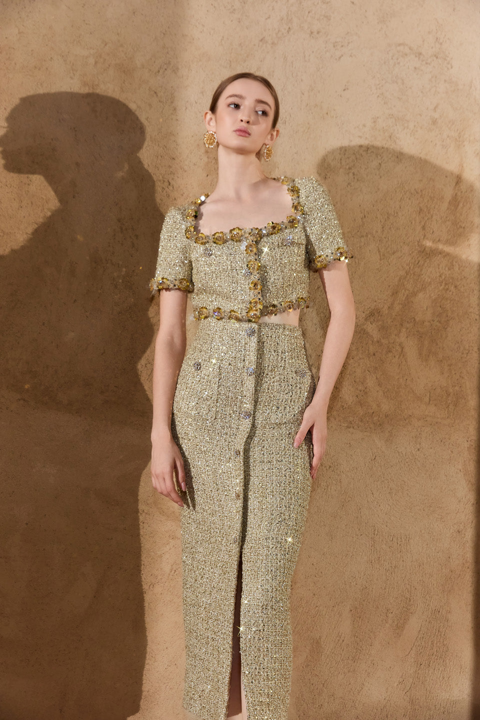 Wardrobes by chen Tweed handmade bead embroidered short top + skirt set