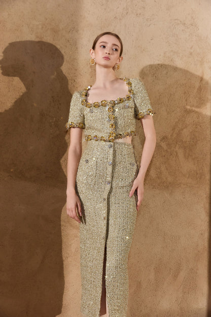 Wardrobes by chen Tweed handmade bead embroidered short top + skirt set