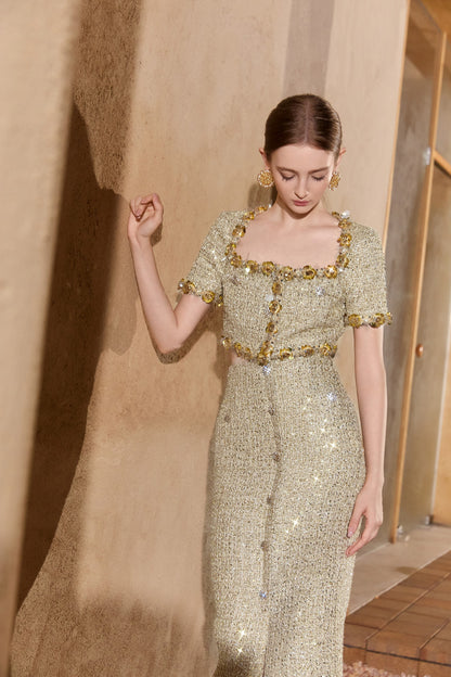 Wardrobes by chen Tweed handmade bead embroidered short top + skirt set