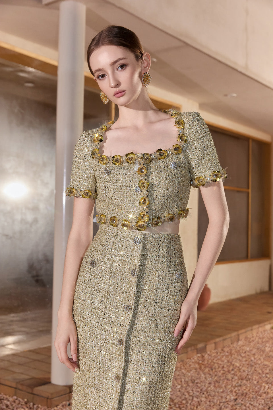 Wardrobes by chen Tweed handmade bead embroidered short top + skirt set