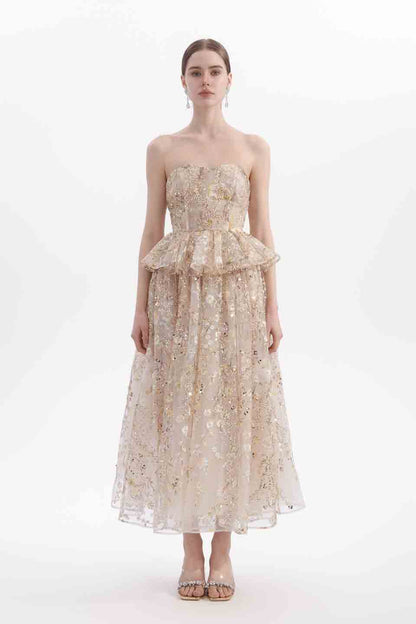 Wardrobes by chen Embroidered gilded strapless dress