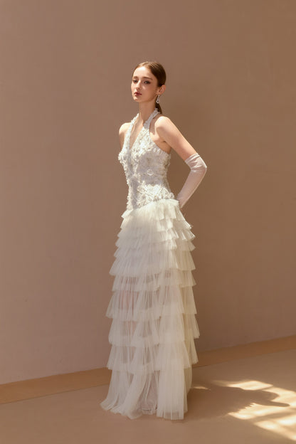 Wardrobes by chen Handmade embroidered bead V-neck layered dress (with gloves)