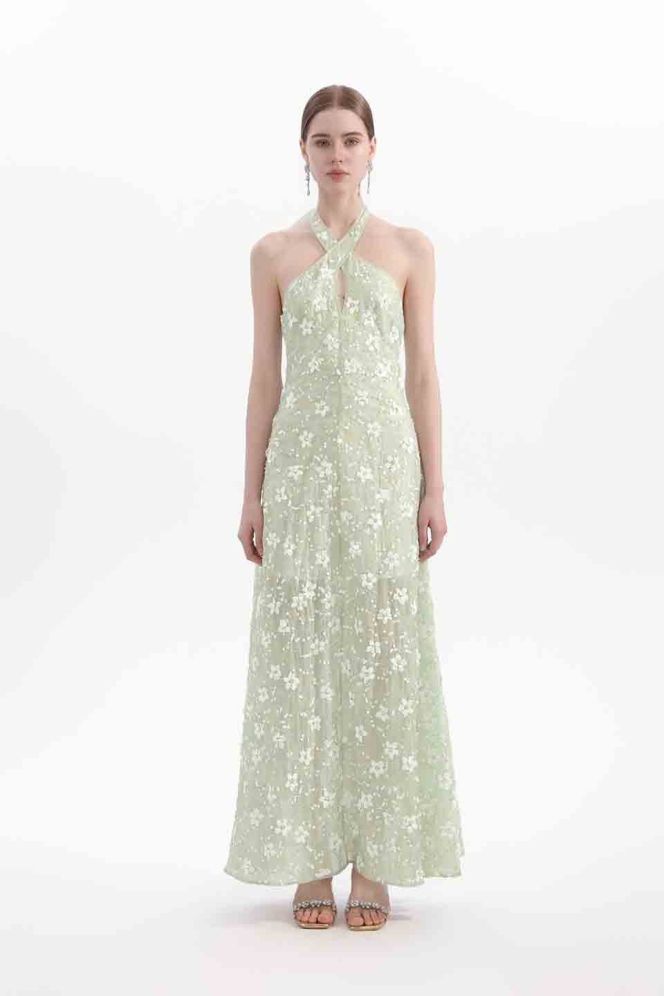 Wardrobes by chen Bead embroidered floral hanging neck dress