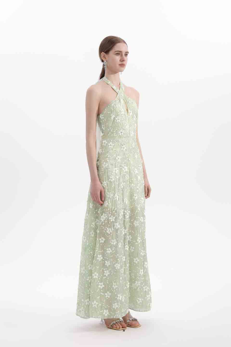 Wardrobes by chen Bead embroidered floral hanging neck dress