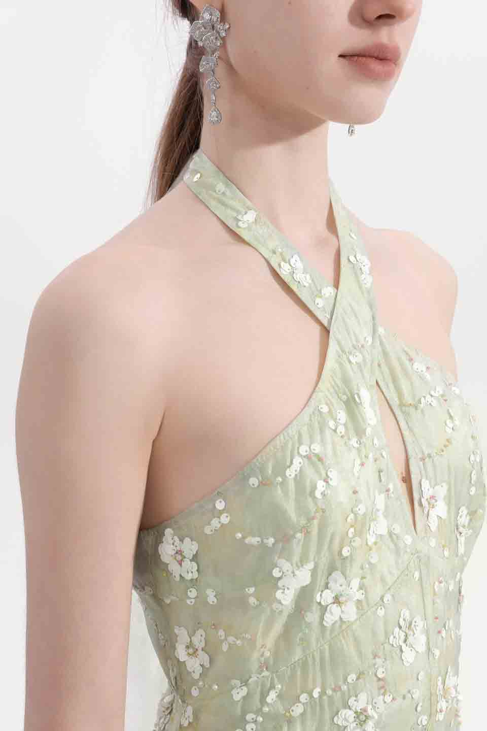 Wardrobes by chen Bead embroidered floral hanging neck dress