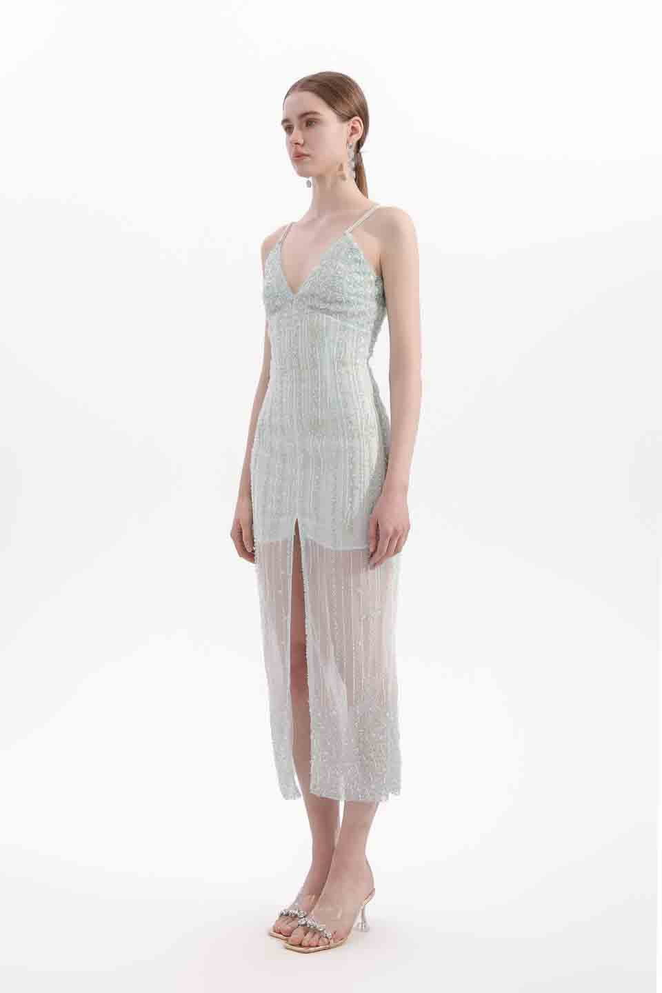 Wardrobes by chen Bead embroidered crystal slit dress