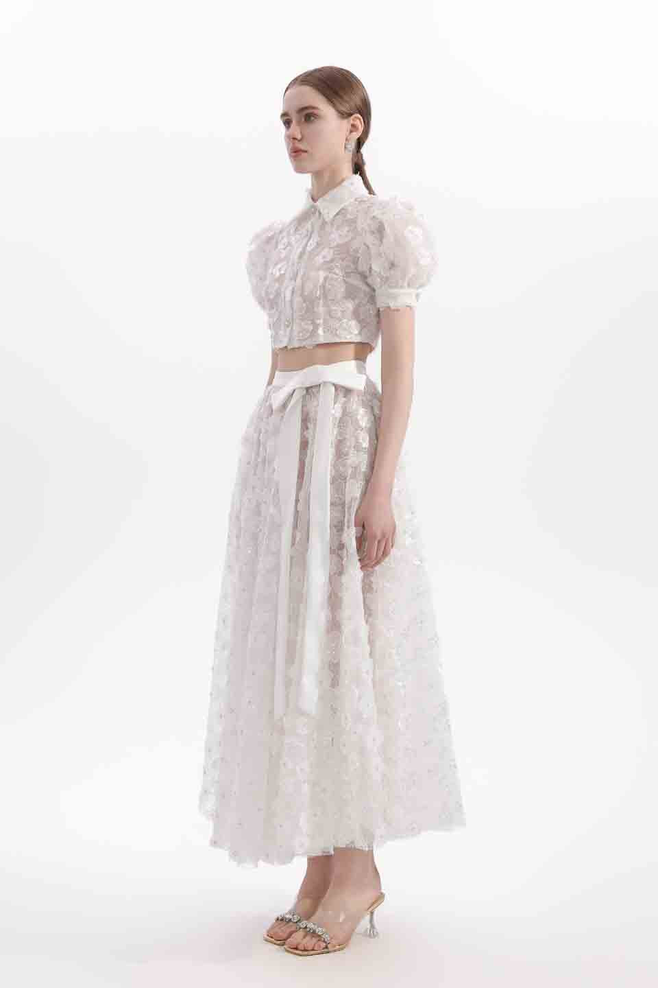 Wardrobes by chen Embroidered bubble sleeve shirt + skirt set