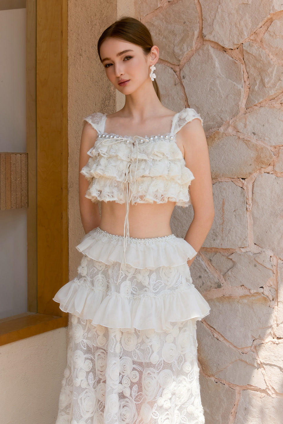 Wardrobes by chen Floral lace multi-layer ruffle edge top + skirt set