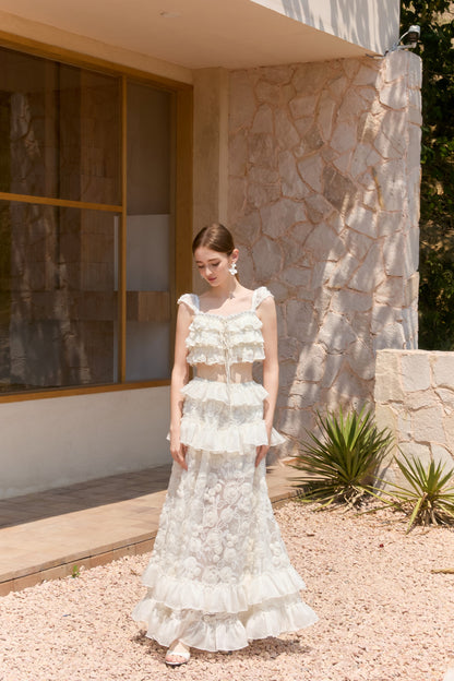 Wardrobes by chen Floral lace multi-layer ruffle edge top + skirt set