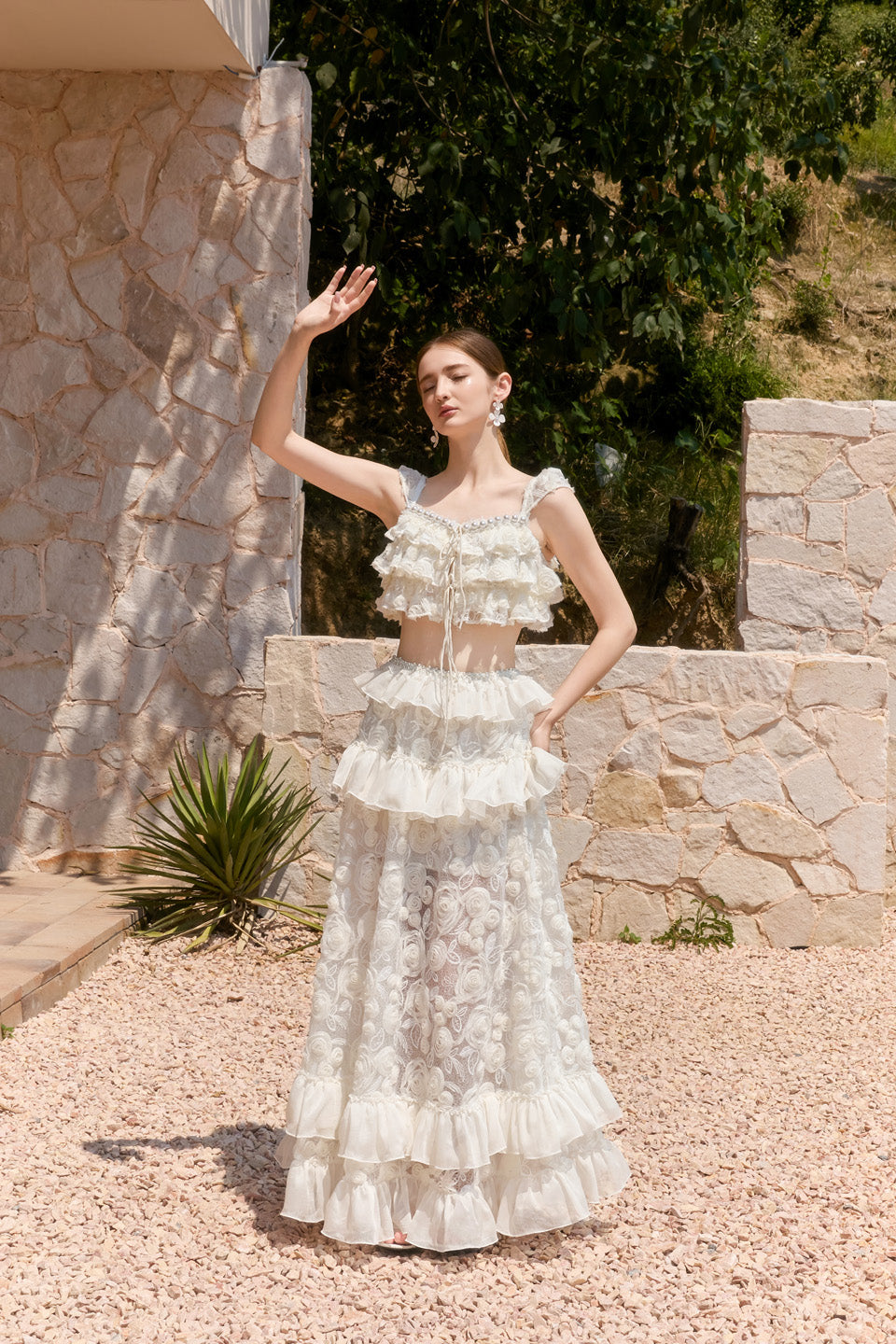 Wardrobes by chen Floral lace multi-layer ruffle edge top + skirt set