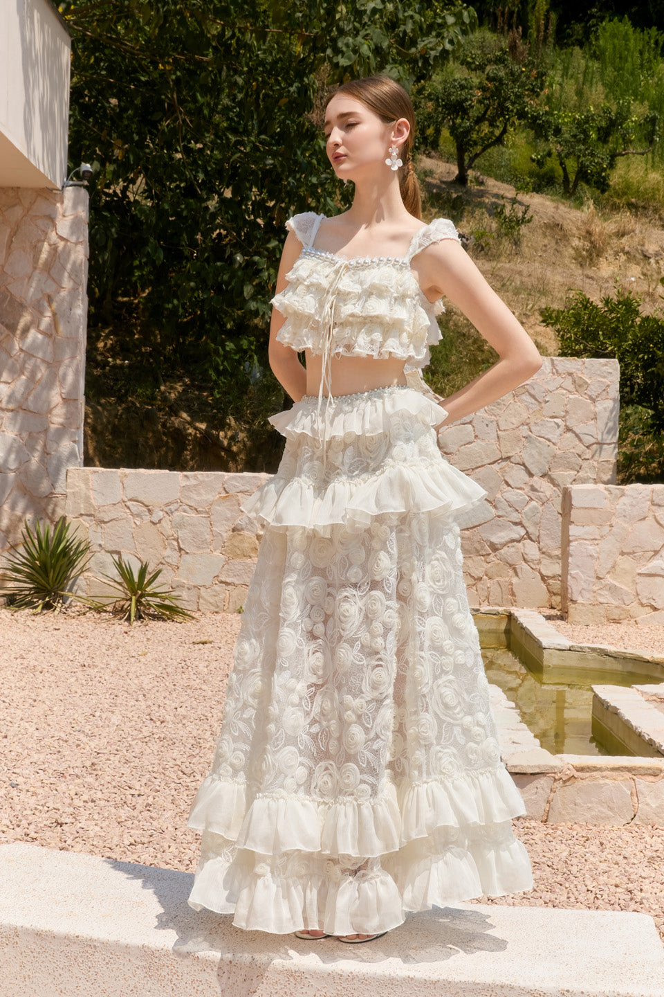 Wardrobes by chen Floral lace multi-layer ruffle edge top + skirt set