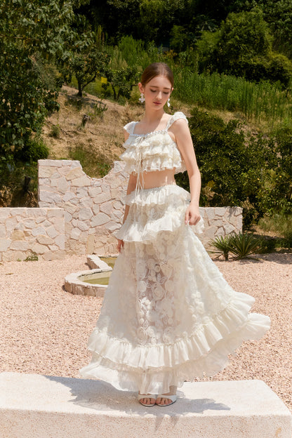 Wardrobes by chen Floral lace multi-layer ruffle edge top + skirt set