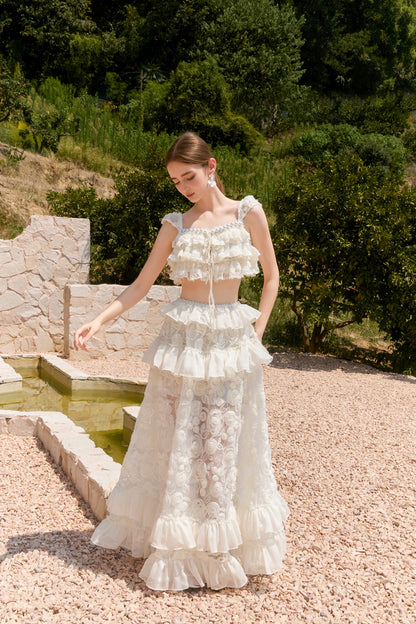 Wardrobes by chen Floral lace multi-layer ruffle edge top + skirt set
