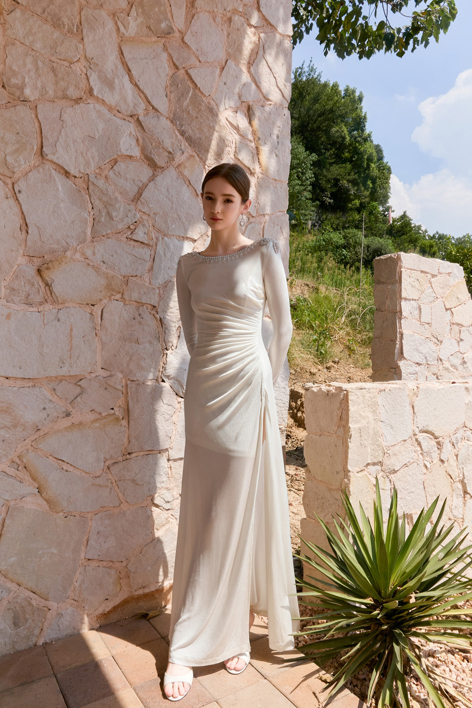 Wardrobes by chen Satin knitted pleated sleeve dress