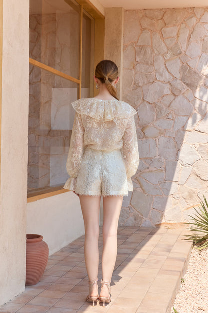 Wardrobes by chen 3D bead embroidered lace V-neck ruffle top + shorts set