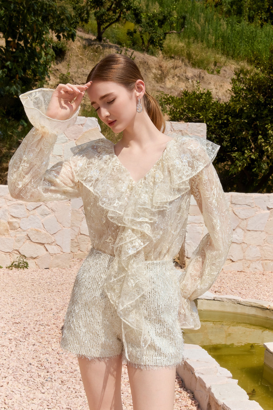 Wardrobes by chen 3D bead embroidered lace V-neck ruffle top + shorts set