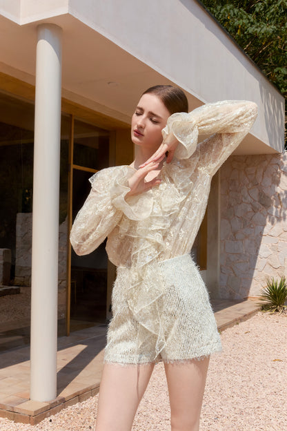 Wardrobes by chen 3D bead embroidered lace V-neck ruffle top + shorts set