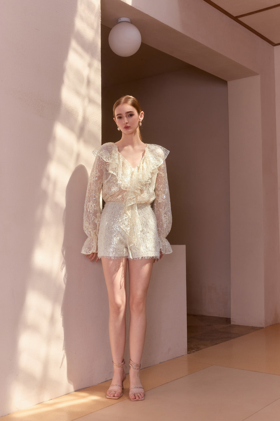 Wardrobes by chen 3D bead embroidered lace V-neck ruffle top + shorts set