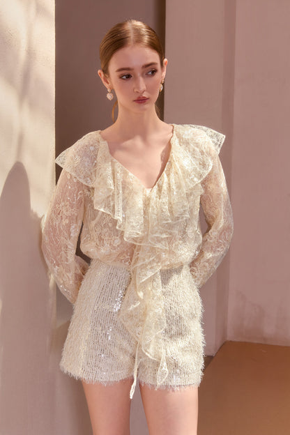 Wardrobes by chen 3D bead embroidered lace V-neck ruffle top + shorts set