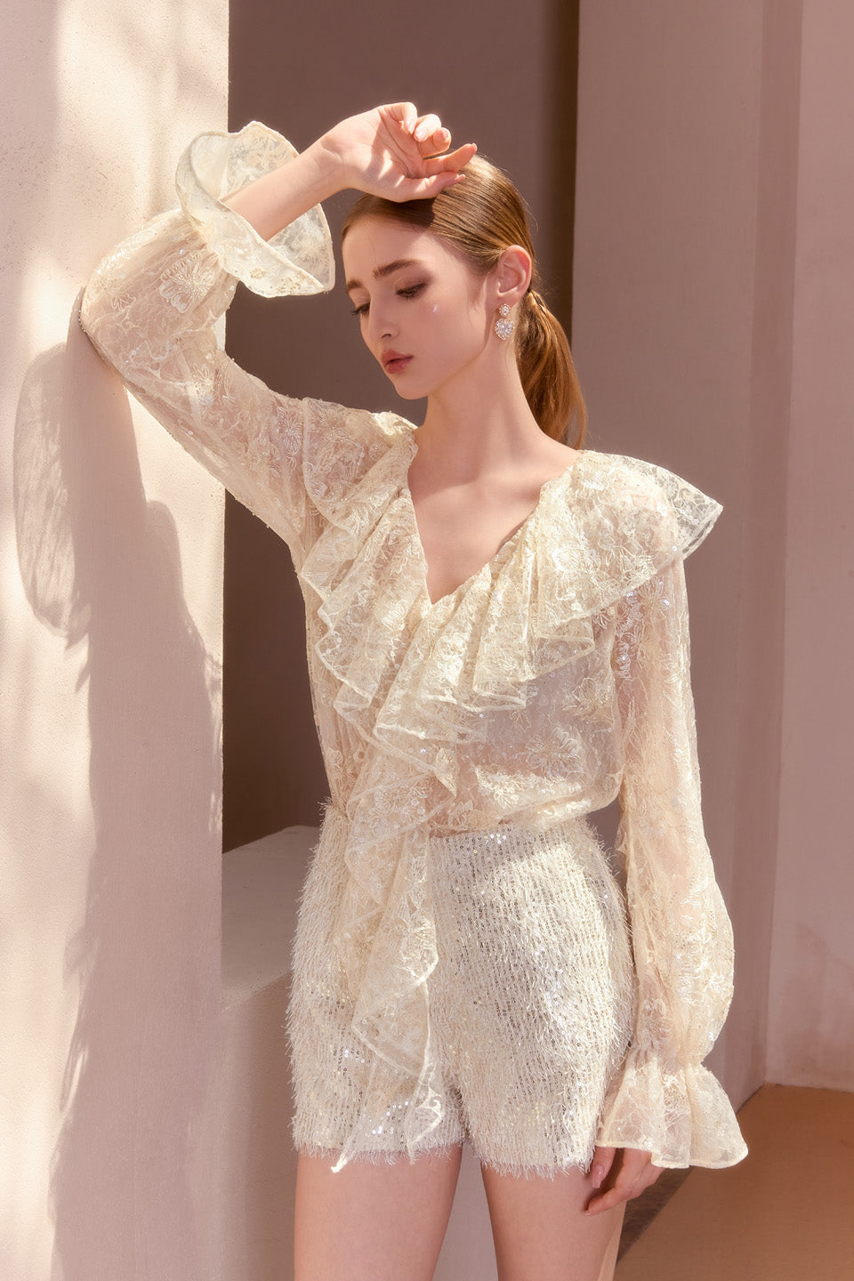 Wardrobes by chen 3D bead embroidered lace V-neck ruffle top + shorts set