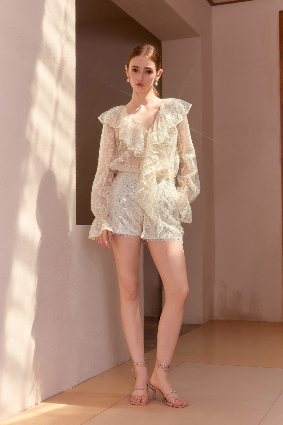 Wardrobes by chen 3D bead embroidered lace V-neck ruffle top + shorts set