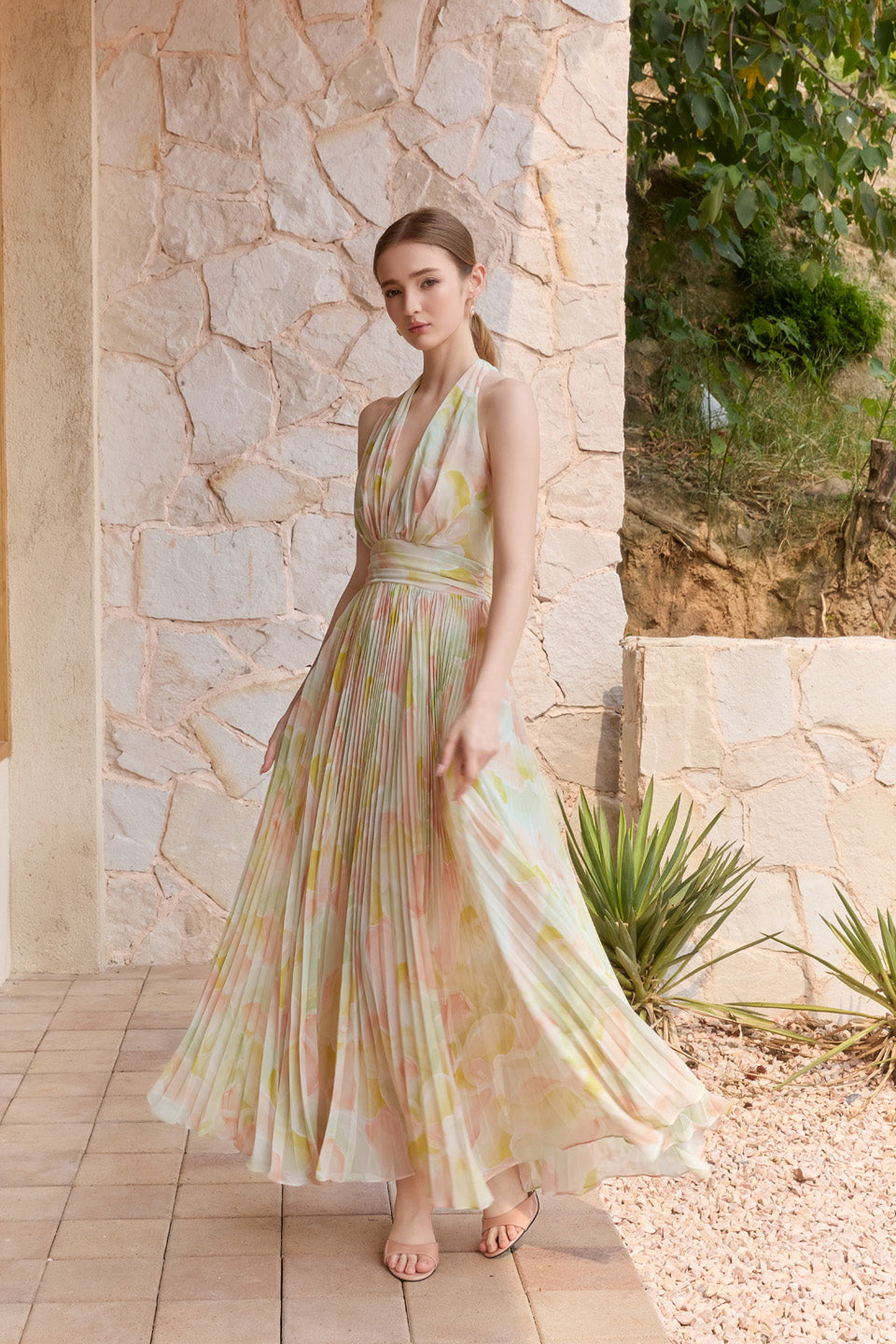 Wardrobes by chen Vacation chiffon printed pleated deep V-dress