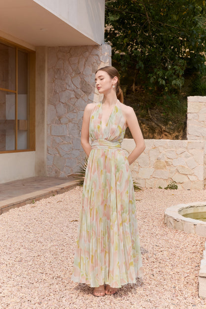 Wardrobes by chen Vacation chiffon printed pleated deep V-dress