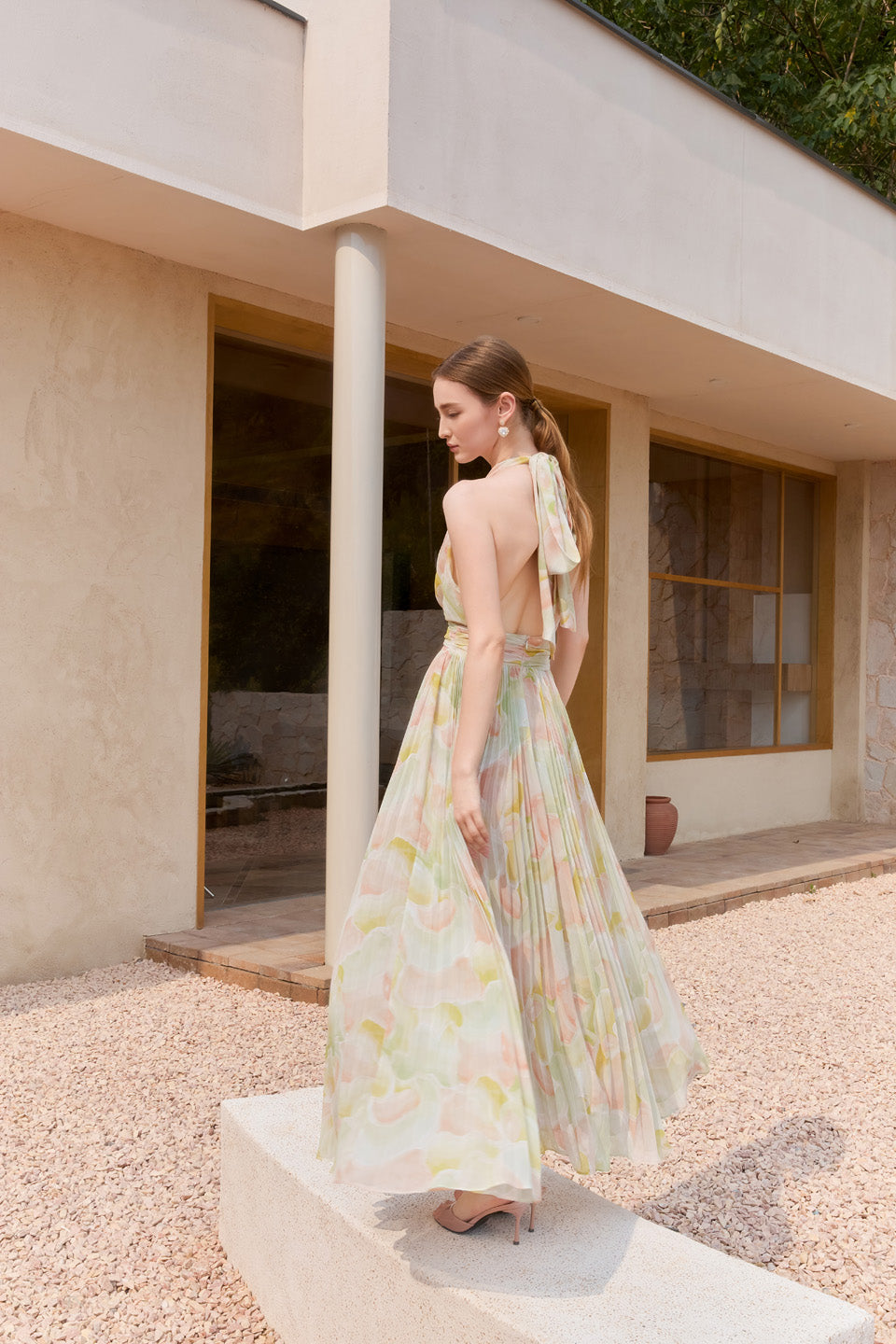 Wardrobes by chen Vacation chiffon printed pleated deep V-dress