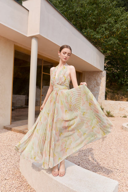 Wardrobes by chen Vacation chiffon printed pleated deep V-dress