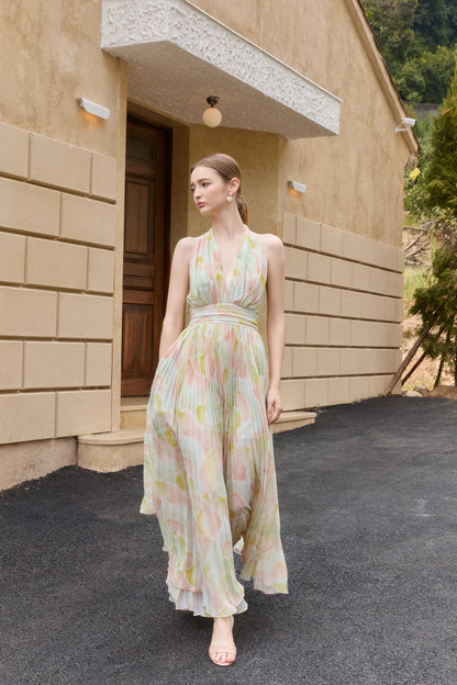 Wardrobes by chen Vacation chiffon printed pleated deep V-dress