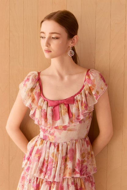Wardrobes by chen Floral square collar multi-layer dress
