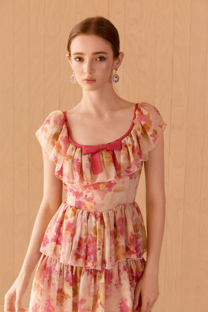 Wardrobes by chen Floral square collar multi-layer dress