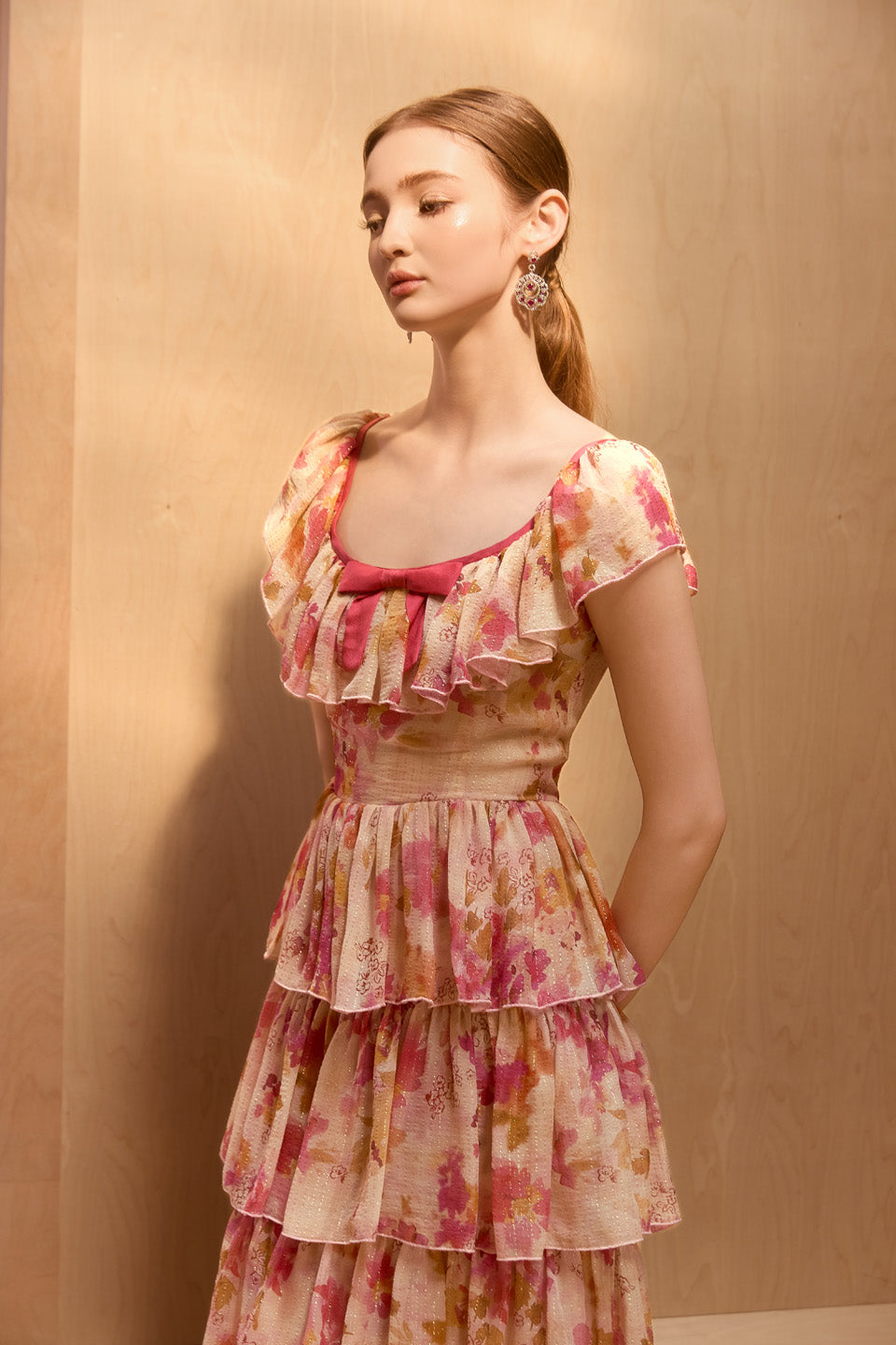 Wardrobes by chen Floral square collar multi-layer dress