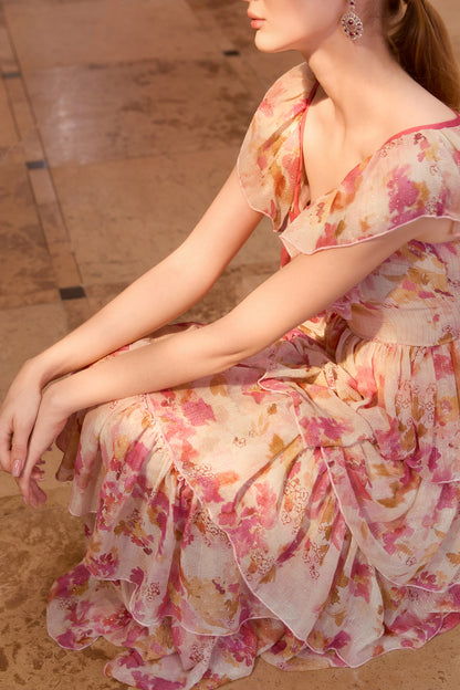 Wardrobes by chen Floral square collar multi-layer dress