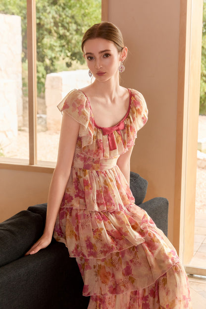 Wardrobes by chen Floral square collar multi-layer dress