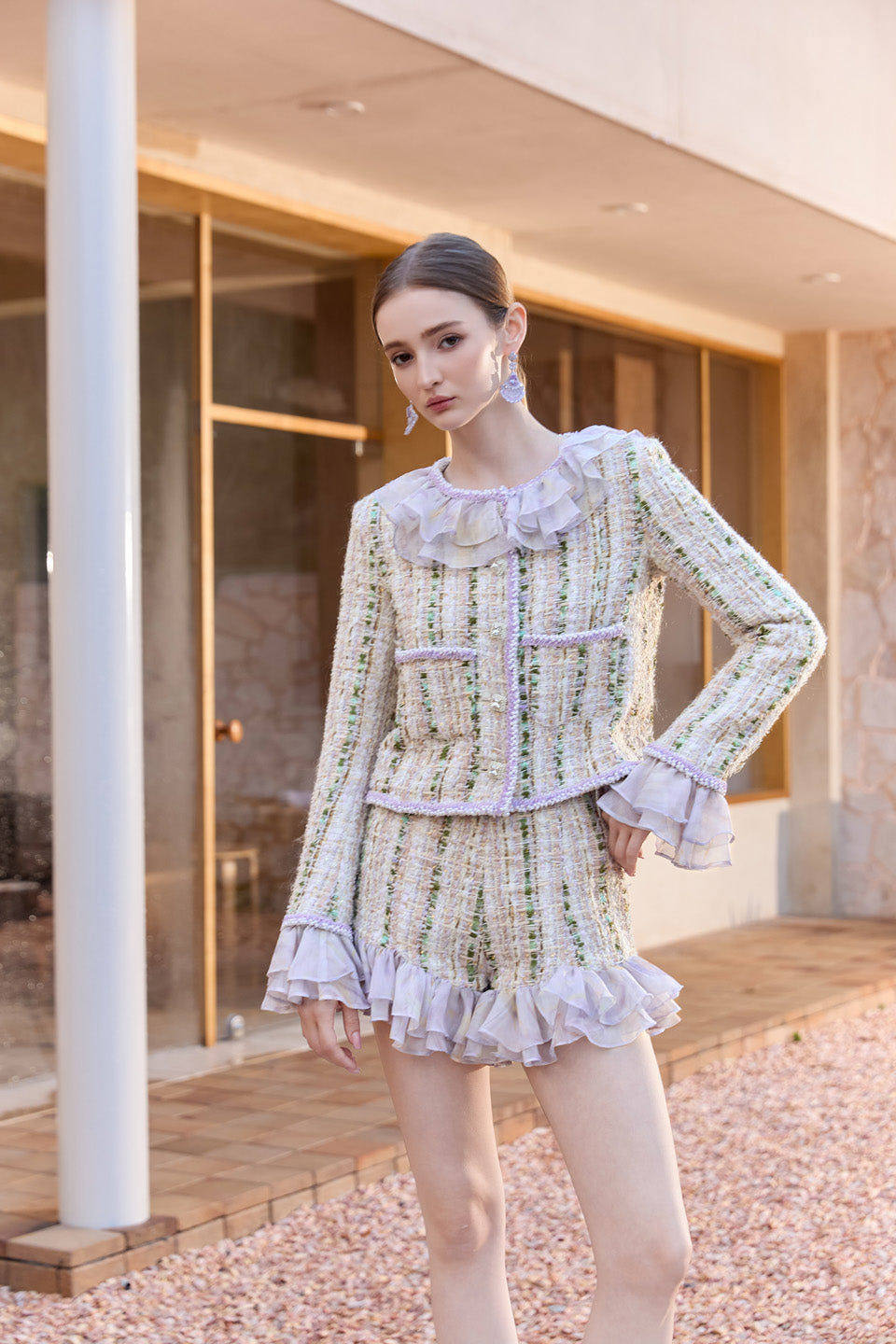 Wardrobes by chen Tweed ruffle edge jacket + shorts set