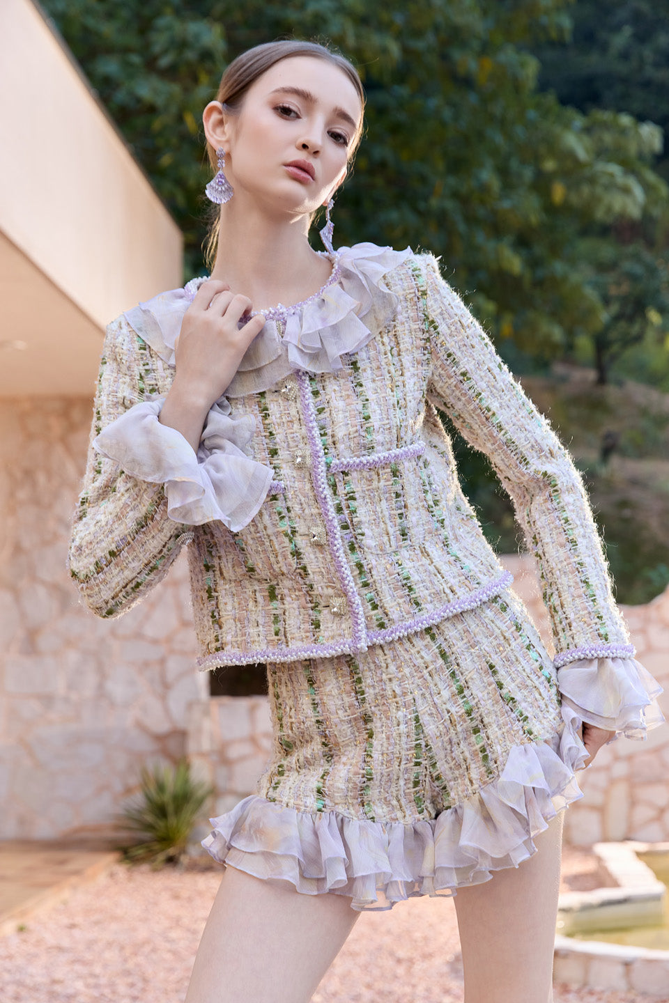 Wardrobes by chen Tweed ruffle edge jacket + shorts set