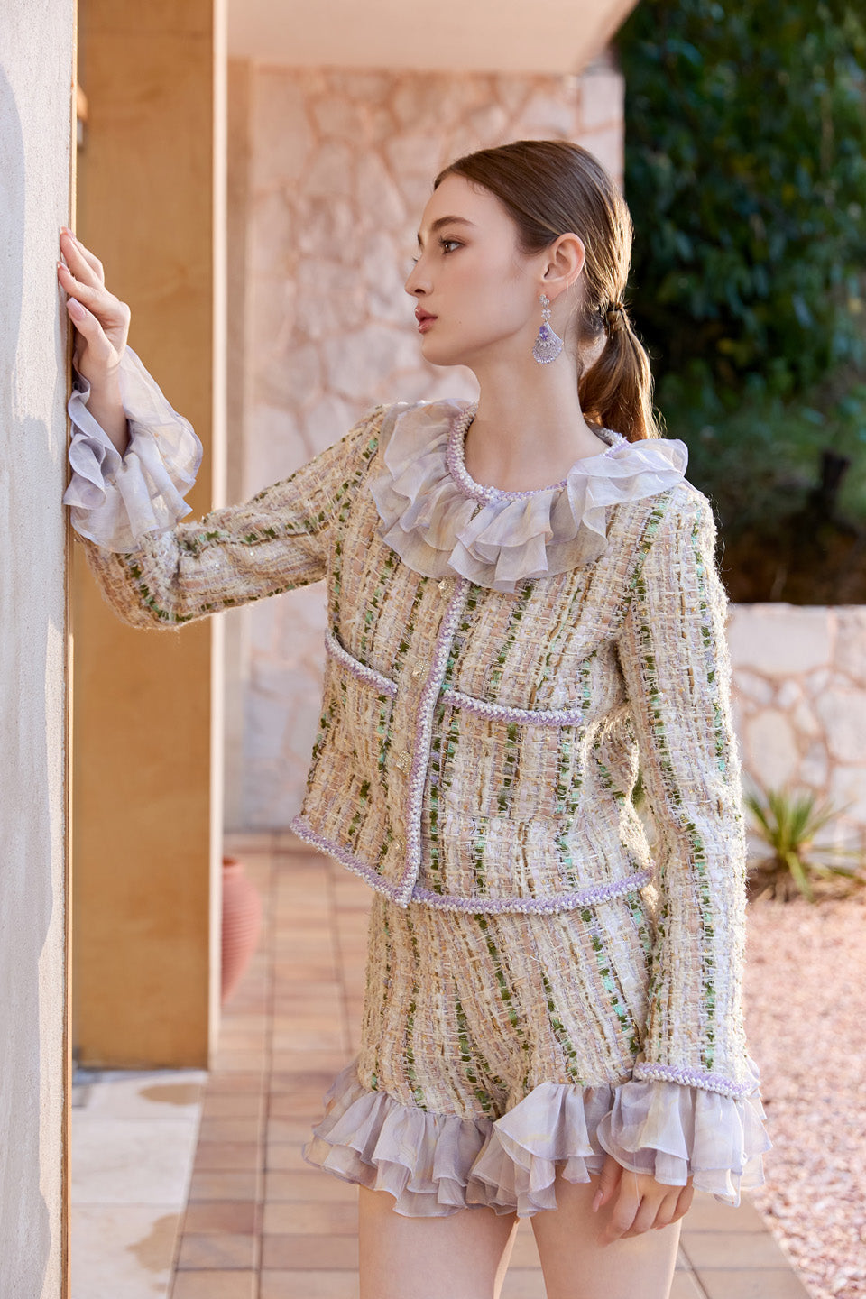 Wardrobes by chen Tweed ruffle edge jacket + shorts set