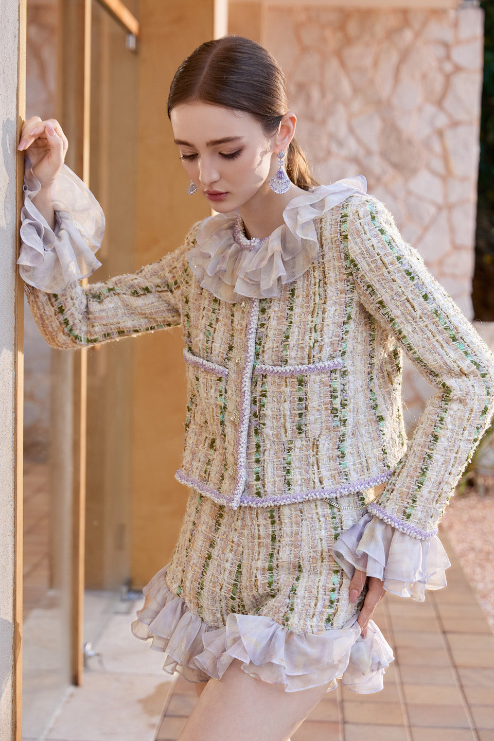 Wardrobes by chen Tweed ruffle edge jacket + shorts set