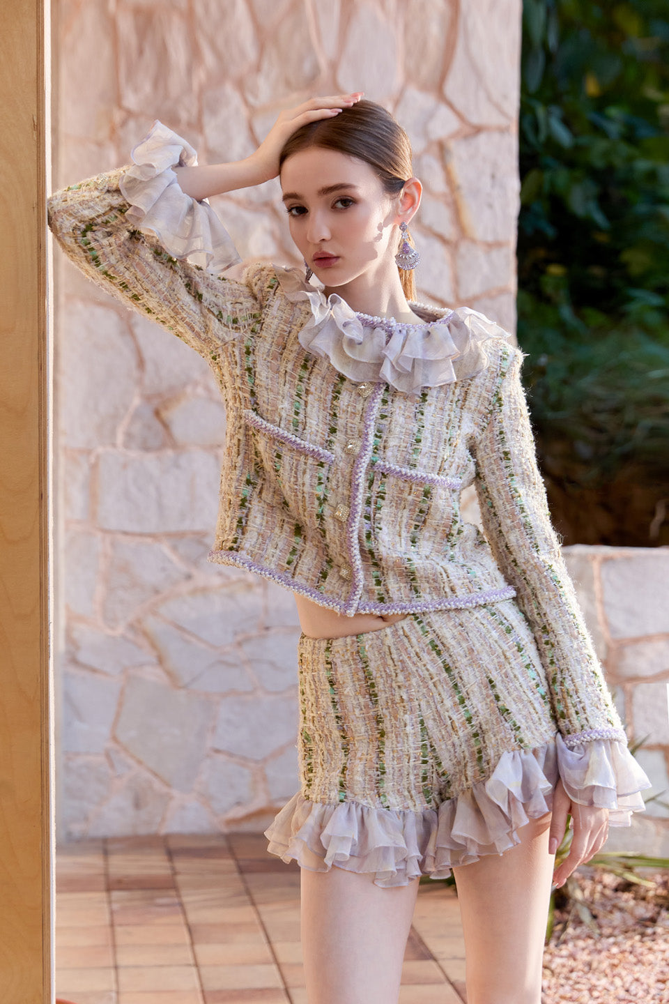 Wardrobes by chen Tweed ruffle edge jacket + shorts set