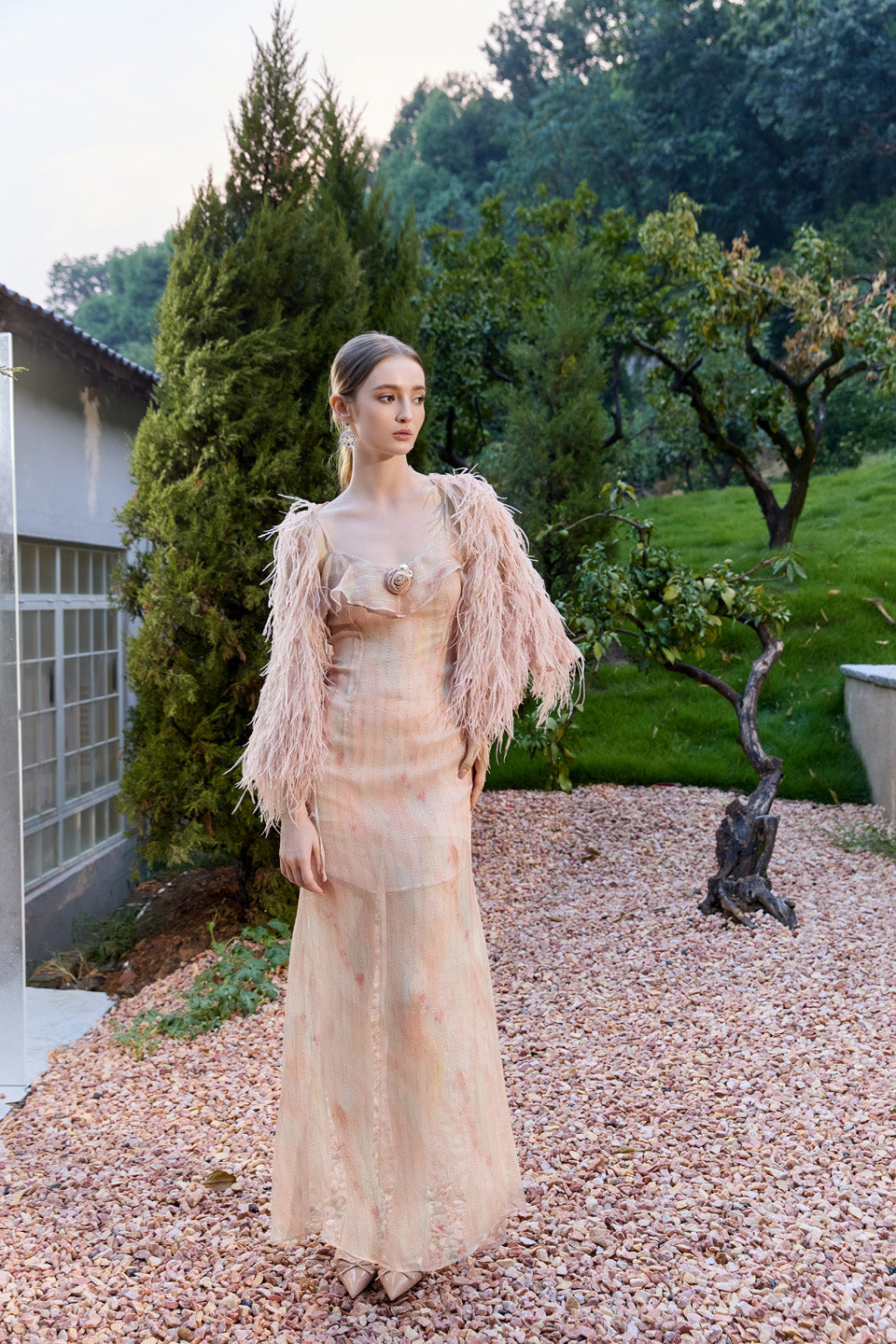 Wardrobes by chen Soft pink dress + feather jacket set