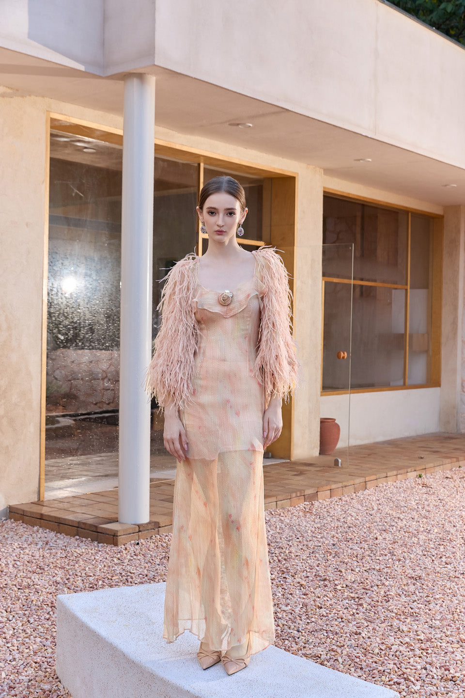 Wardrobes by chen Soft pink dress + feather jacket set