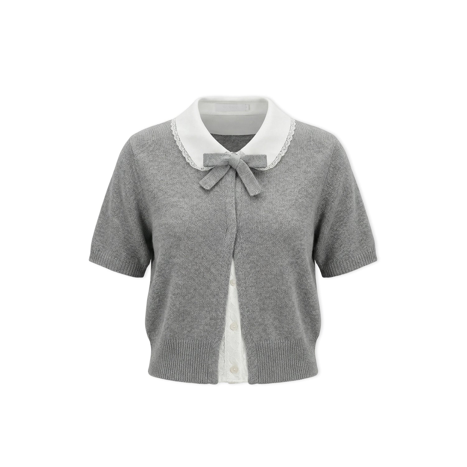 16DEWS 16D26065 Color blocking doll collar fake two-piece knitted short sleeved shirt