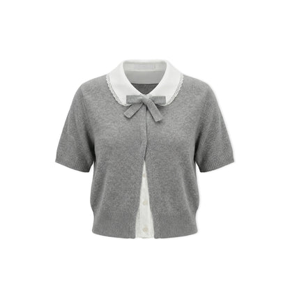 16DEWS 16D26065 Color blocking doll collar fake two-piece knitted short sleeved shirt