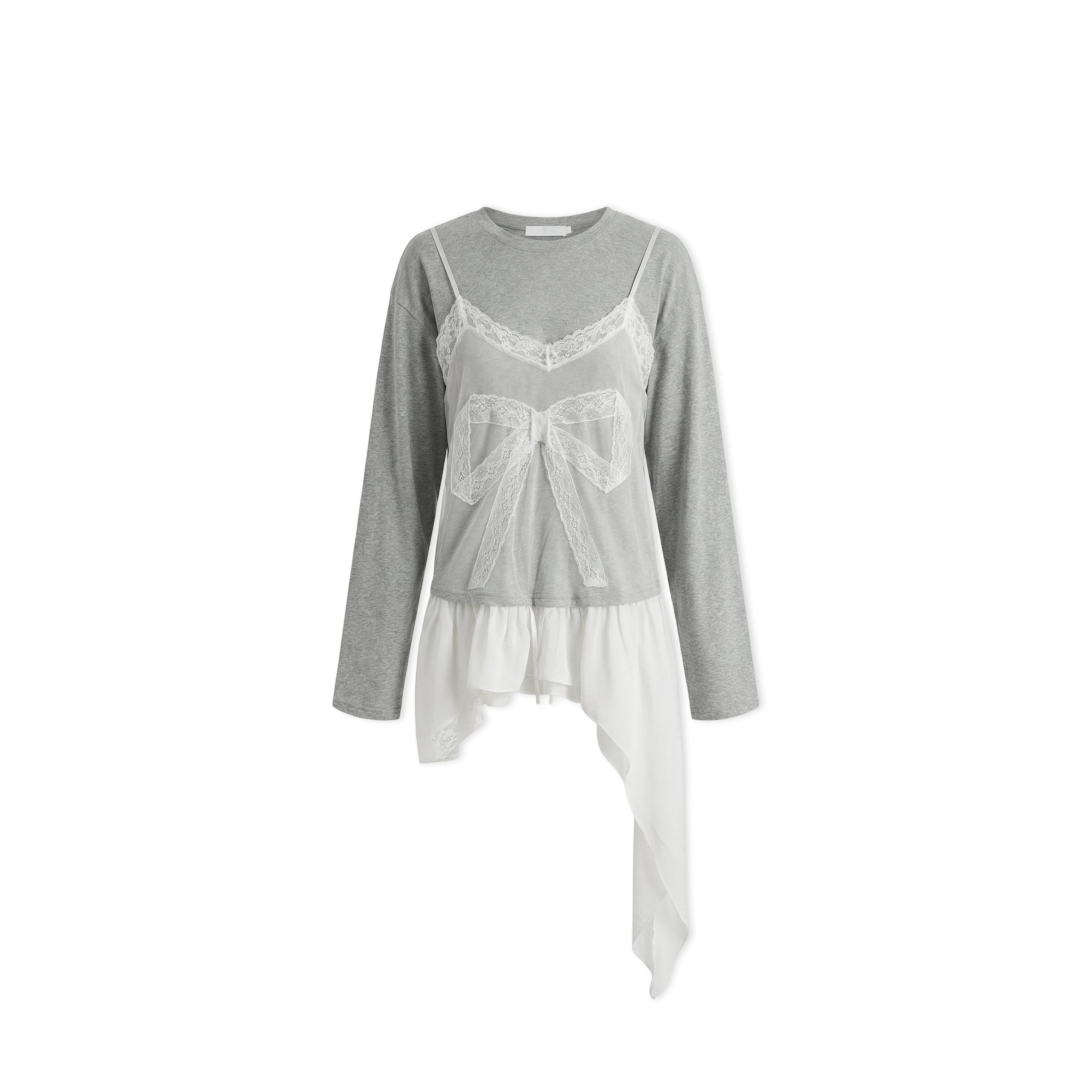 16DEWS 16D26062 Lace Splicing Fake Two Piece Irregular T-shirts