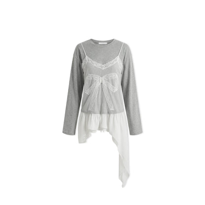 16DEWS 16D26062 Lace Splicing Fake Two Piece Irregular T-shirts