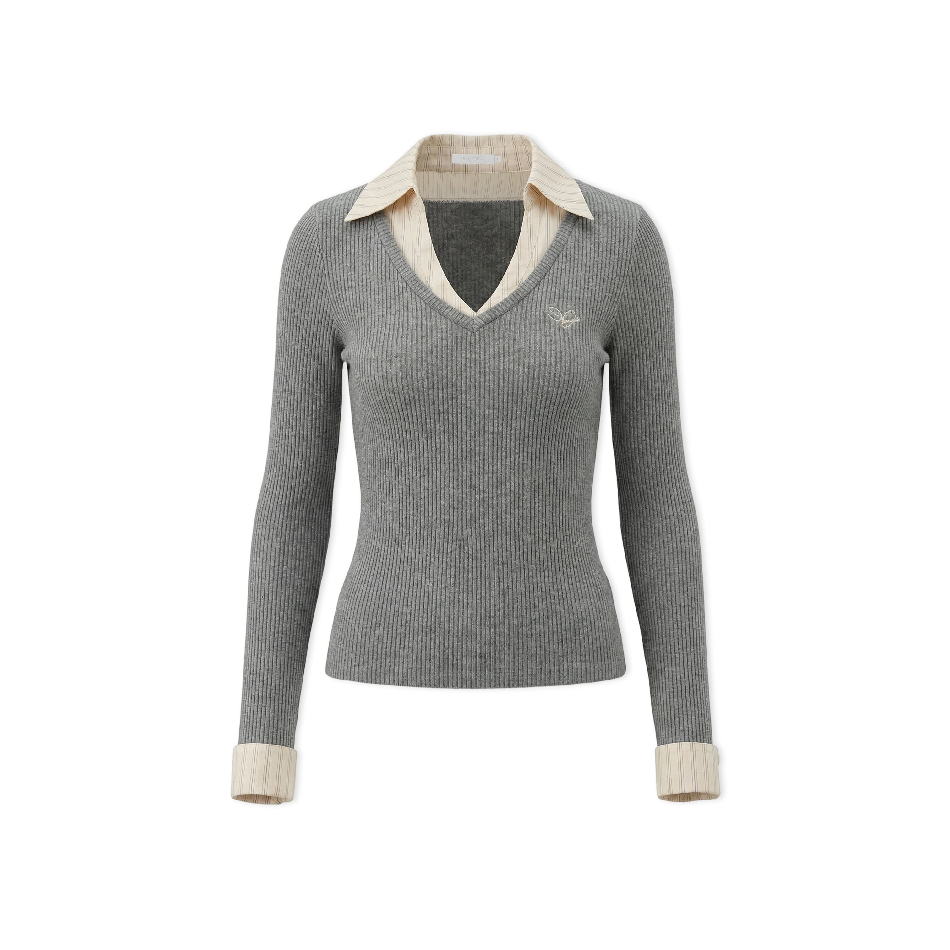 16DEWS 16D26041 Contrast striped patchwork V-neck top