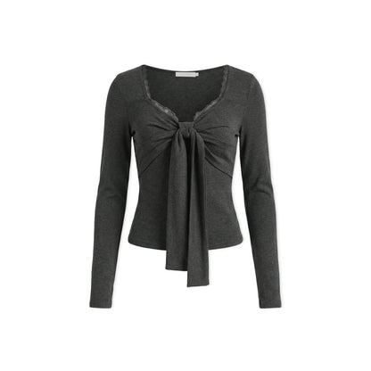 16DEWS 16D26040 V-neck bow-tied elastic slim-fit top