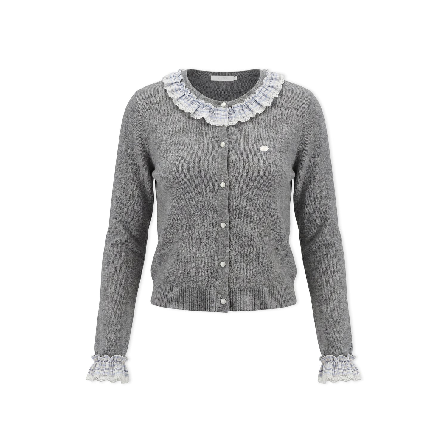 16DEWS 16D26051 Color blocking plaid round neck knitted cardigan